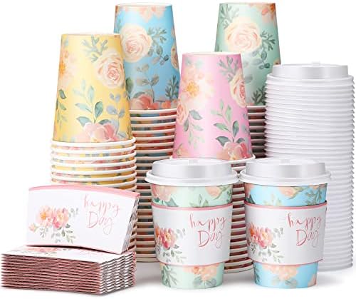Remerry 100 Pcs 12oz Floral Disposable Coffee Cups with 100 Lids and 100 Sleeves Paper Insulated Drink Hot Coffee Paper Cups with Dome Lids and Sleeves for Parties Wedding Baby Shower(Fresh) by Remerry