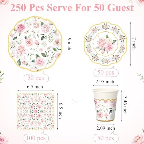 Funnymoom 250 Pcs Pink Gold Floral Paper Plates Napkins Cups Serves 50 - Image 3