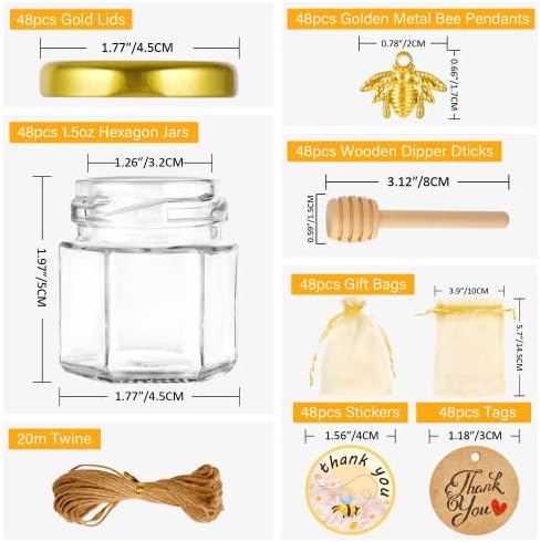 GIVAMEIHF Mini Honey jars-1.5oz,48 pcs Hexagon honey jars with dipper,gold cover,bee pendant,Gold Gift Bags,rope,Thank-You Tags,Glass Honey jars with lids,Baby Shower,Wedding Favors,Party Favors - Image 2