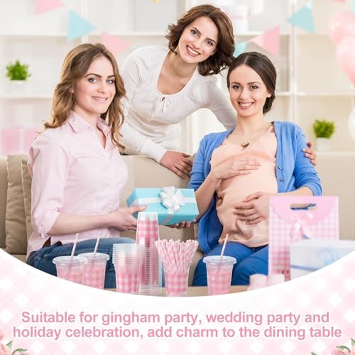 Sliner 50 Sets 16oz Pink White Gingham Party Plastic Cups - Image 4