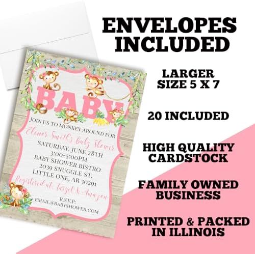 Amanda Creation Custom Baby Shower Invites Baby Girl Monkey Baby Shower Invitations 20 5x7 Custom Personalized Invitations With Envelopes - Image 6