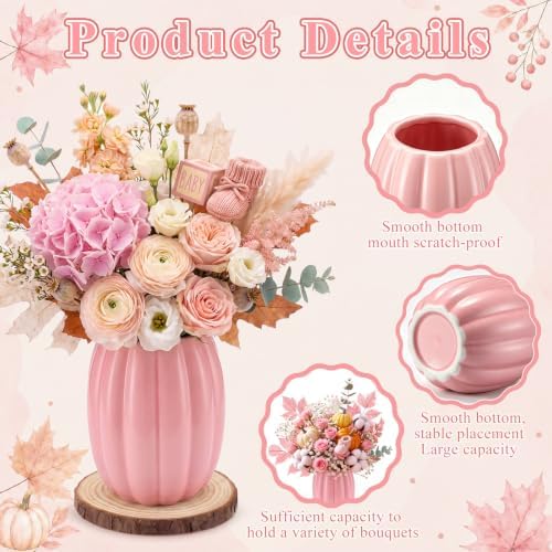 Rtteri 6 Set 5.12" Ceramic Pumpkin Vase with Wood Slices Glazed Fall Flower Pots for Autumn Home Decor Smooth Pottery Planter Pack for Thanksgiving Tabletop Decoration Housewarming Gifts(Pink, White) - Image 3