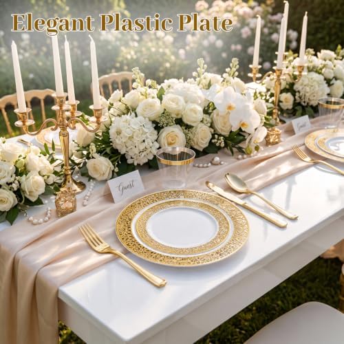 WELLIFE 350Pcs Gold Dinnerware Sets, Plates and Napkins Party Supplies Include:50 Dinner Plates, 50 Dessert Plates, 50 Paper Napkins, 50 Cups, 50 Gold Plastic Cutlery Set - Image 4