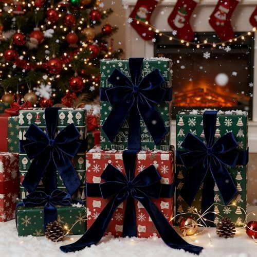 Meseey 4 Inch Wide Navy Velvet Wired Ribbon, 10 Yards Velvet Ribbon with Wire Edge for Christmas Tree, Wreaths, Gift Wrapping, Bows, Crafts and Holiday Decorations - Image 6
