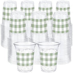 100 Pcs Sage Green Gingham Plastic Cups for Baby Shower, 12 oz by Ferrochef