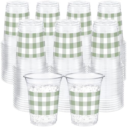100 Pcs Sage Green Gingham Plastic Cups for Baby Shower, 12 oz by Ferrochef
