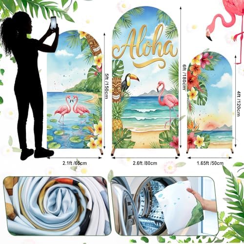 Chunful 3 Pcs Aloha Party Decoration Arch Backdrop Cover Hawaii Holiday Beach Seaside Decor Photo Background 2-Sided Round Top Cute Backdrop Arch Cover for Summer Party Supplies 6 ft/5 ft/4 ft - Image 3