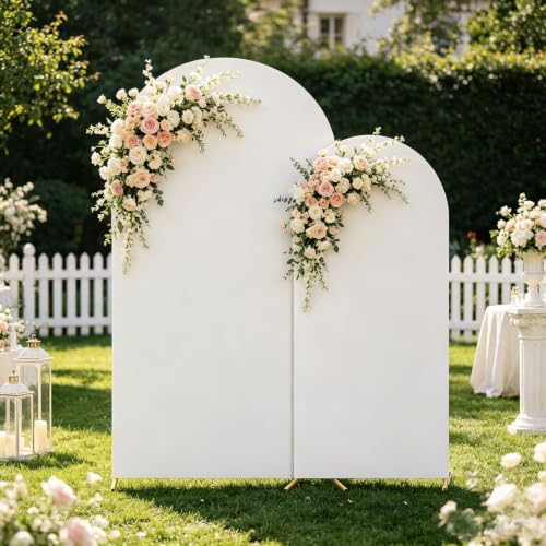 Set of 2 Metal Arch Backdrop Stands with White Covers, 6/7.2FT - Image 2