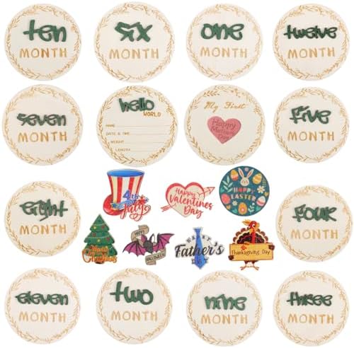 3D Baby Monthly Milestone Wooden Discs Set – 15 Pcs Baby Month Markers for Photos, Hello World Newborn Announcement Sign, My First Holiday Milestones Props Keepsakes by WWKYUEY