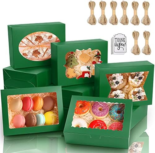 KPOSIYA 65 PCS 8x6x2.5 Inch Cookie Boxes with Window Green Bakery Boxes Pastry Boxes for Gift Giving, Treat, Dessert, Cupcakes, Chocolate, Strawberries, Donuts, Muffins (5 Style Windows) by KPOSIYA