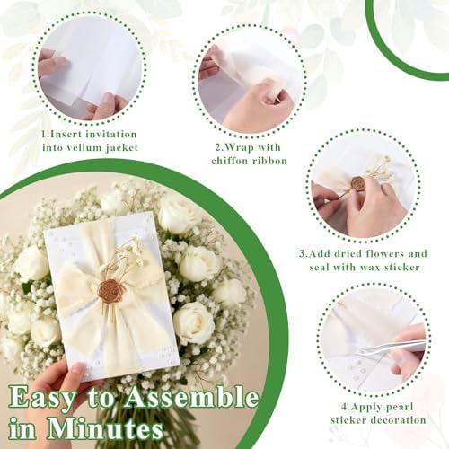 Wedding Invitation Wrap Kit, Pre-Folded Vellum Jackets for 5x7 Invitations with Wax Seal Stickers, Chiffon Ribbon, Dried Flowers & Pearl Stickers, DIY Invitation Accessories (Set of 100) - Image 4