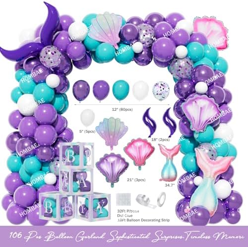 Hombae Mermaid Baby Shower Decorations Include Our Little Mermaid Is on the Way Backdrop, Balloon Garland, Banner, Tablecloth, Cake Topper, Box for Girls Ocean Under the Sea Baby Shower, 122 PCs - Image 3