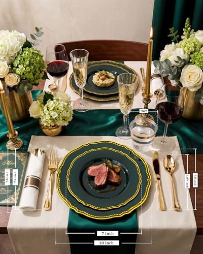 Hioasis 175 Pcs Green Gold Plastic Plates Wedding & Party - Image 2
