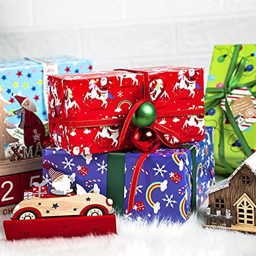 WRAPAHOLIC 30 Inch Jumbo Reversible Unicorn Christmas Wrapping Paper - 30 Inch x 100 Feet Jumbo Roll Red Santa Claus, Unicorn Wrapping Paper and Stripe Design for Holiday, Party - Image 5
