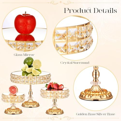 12 Pieces Gold Cake Stand Set, Vintage Cake Display Stand with Crystal Edge and Cupcake Display Tray, Dessert Table Display Set for Wedding Party Baby Shower Anniversary Celebration - Image 3