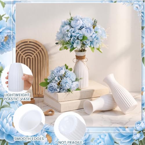 12 Set Artificial Hydrangea Peony Flowers with Vase, Blue - Image 4
