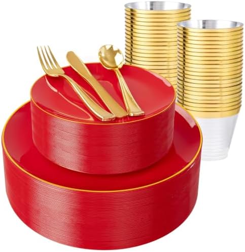WDF 150Pcs Red Plastic Plates - Red Plates Disposable 25Guest Dinnerware Include 25 Dinner Plate, 25 Dessert Plate, 75 Cutlery & 25 9oz Cups for Wedding/Birthday/Bridal Shower by WDF