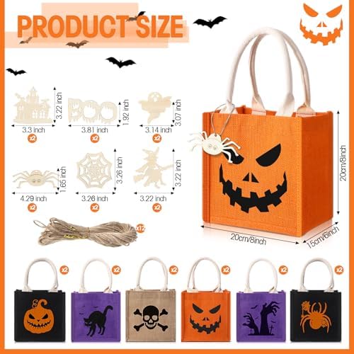 Sweetude 12 Pack Halloween Linen Burlap Bags with Tags,Spooky - Image 2