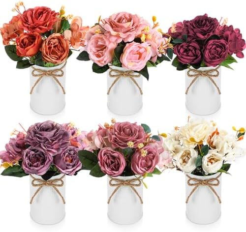 Wavwavw 6 Sets Fall Flowers Table Centerpieces Artificial Peonies with Vase by Wavwavw