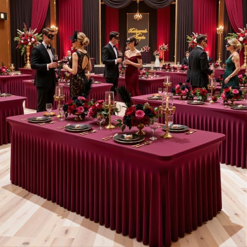 4 Pack Burgundy Table Cloth for 8 Foot Rectangle Tables Spandex Fitted Tablecloth 8ft Stretch Table Covers Skirt Burgundy Banquet Tablecloths Wrinkle Free Tablecloth for Party Wedding Birthday Event - Image 2