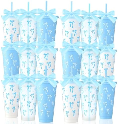 Skylety 24 Blue Bow Plastic Cups with Lid Straw and Ribbon by Skylety