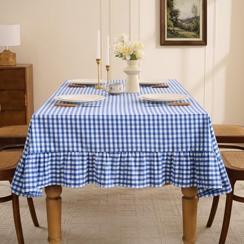 Romanstile Gingham Ruffled Tablecloth Rectangle, 60 x 84 Inch, Blue - Image 5