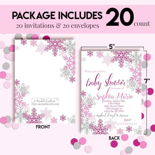 Snowflake Winter Theme for Girls Baby Shower 20 Custom Invitations 5"x7" Personalized Fill-In Cards with Envelopes, Baby Shower Stationery Set, Made in USA by Amanda Creation - Image 4