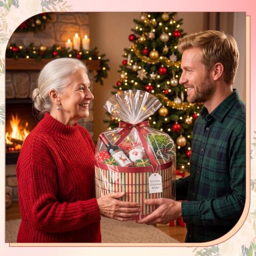 Weysat 12 Set Baskets for Gifts Empty Bulk, Large Woven Bamboo Gift Basket Kit with Handles, Bow, Wrap Bag to Fill for Raffle Thanksgiving Day Wedding Birthdays Party Wrapping (Red and Green) - Image 6