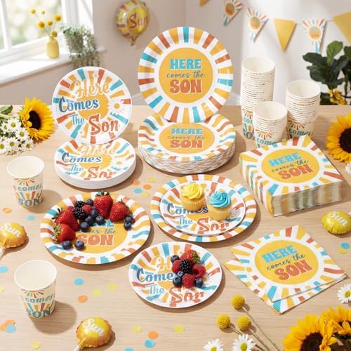 Ziliny 250 Pcs Here Comes The Son Baby Shower Party Decorations Boho Sun Rainbow Disposable Paper Plates Napkins and Cups Tableware Set for Sunshine Boy Baby Shower Party Supplies, Serves 50 - Image 6