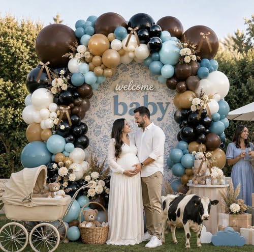 Blue Brown Balloon Garland Double Stuffed Dusty Blue Black Beige Balloons Tan Cream White Balloon Arch Kit With Ribbon Bows for Baby Shower Gender Reveal Wedding Western Birthday Party Decorations - Image 2