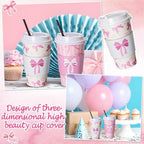 Jingmore 100 Set Pink Bow Coffee Cups with Lids, Straws and Sleeves Pink Bowknot Disposable Drinking Cup for Wedding Coquette Birthday Baby Shower Bachelorette Party Supplies (16 oz) - Image 6