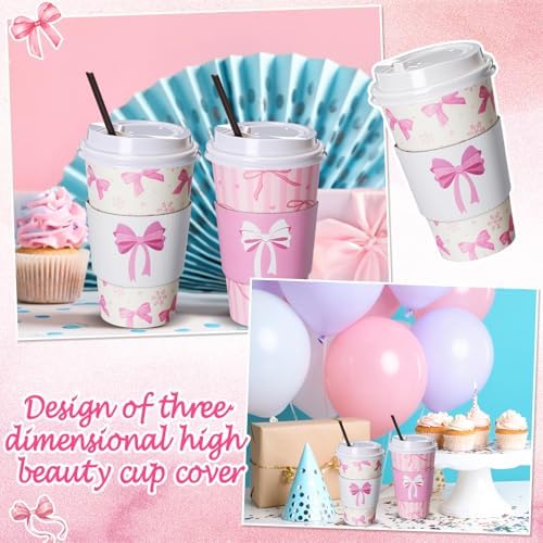 Jingmore 100 Set Pink Bow Coffee Cups with Lids, Straws and Sleeves Pink Bowknot Disposable Drinking Cup for Wedding Coquette Birthday Baby Shower Bachelorette Party Supplies (16 oz) - Image 6