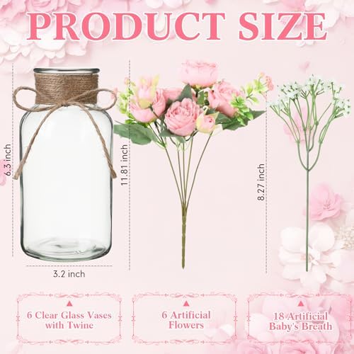 Zeyune 6 Sets Mason Jar Table Centerpiece with Artificial Peony Baby's Breath Flower Centerpieces Faux Flowers with Rope for Wedding Reception Engagement Bridal Shower Rustic Table Decor(Light Pink) - Image 3