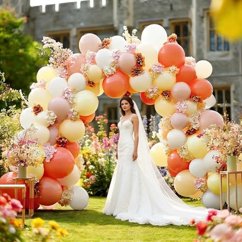 Pink Yellow Peach Balloons with Hydrangea Artificial Flowers, Double Stuffed Pastel Pink Coral White Ivory Balloon Arch for Wildflower Baby Shower Birthday Bridal Shower Easter Tea Party Decor - Image 6