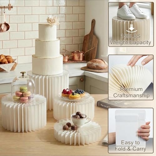 iobiotio Foldable Cake Stand, Reusable Buffet Risers, 4 Pack Round Dessert Stands with Acrylic Tops, Cardborad Display Stands for Weddings, Birthdays, Baby Showers, Parties, Home Decor, White - Image 4