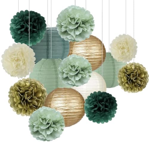 Aptliton 30 Pcs Sage Green Gold White Tissue Paper Pom Poms & Lanterns by Aptliton