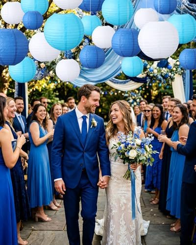 Treela 48 Pcs Paper Lanterns Party Decorations Round, Blue,White - Image 4