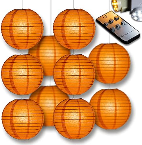 PaperLanternStore.com 12" Persimmon Orange Paper Lantern Party Pack with Remote Controlled LED Lights (10-Pack Combo Kit) by Fantado+Party+%26+Event+Lighting