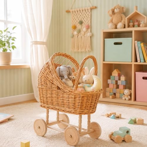 23.6 Inch Woven rattan baby stroller baskets, vintage rattan flower cart, wedding and gift decorations, pushcart-style decorative flower stands - Image 6