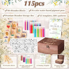 115 Pcs Baby Shower Decorate a Block Game Kit 90 Wooden Baby Blocks 1.38" X 1.38" with 25 Pages/500 Pcs Stencils 36 Colorful Markers Keepsake Storage Box for Game Sign Wedding Party Decoration - Image 4