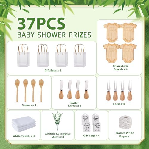 Baby Shower Prizes for Game Winners Bodysuit Shaped Cheese Board Gift with Spoons Butter Spreaders Gift Bags Kitchen Towels Bridal Shower Party Favors for Guests (Bodysuit Shaped, 4 Sets) - Image 3