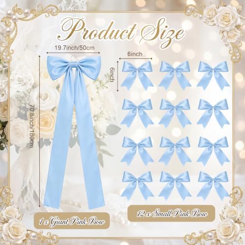 Crowye 13 Pcs Large Pink Bow Decor Set for Party Wedding, Blue, Satin - Image 2