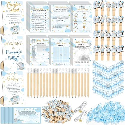 476 Pcs Blue Elephant Baby Shower Games, 9 Style Baby Shower Activities by Sherr