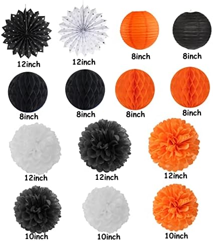 Black Orange White Halloween Party-Decorations - Paper Lanterns Fan,Tissue Flower Pom Poms Streamers,Honeycomb Balls,Graduation 2025 Birthday Wedding Baby Bridal Shower Decor Lasting Surprise - Image 3