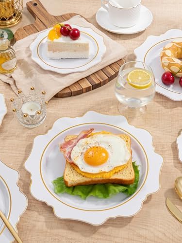 WDF 100PCS White and Gold Plastic Plates - Gold Disposable Plates - Include 50 Dinner & 50 Dessert Plate for Party - Heavy Duty Fancy Plastic Plate for Wedding/Bridal shower - Image 2