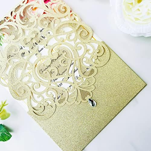 Hosmsua 50PCS Personalized Wedding Invitations Kit 5.12 x 7.3 Laser Cut Hollow Rose Rhinestone Pocket with Envelope for Wedding Quinceanera Invite (Champagne Gold Glitter) - Image 5