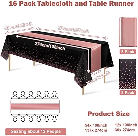 16Pack Disposable Plastic Tablecloths and Satin Table Runner Set Black and Rose Gold Dot Tablecloth Gold Satin Table Runner for Wedding Birthday Baby Shower Anniversary Christmas New Year Party Supply - Image 2