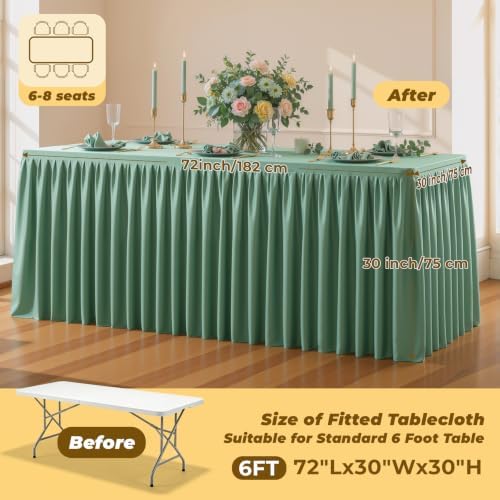 Sage Green Polyester Table Cloths for Rectangle 6 Foot Tables, 2 Pack Wrinkle Free Tablecloths Stretchy Banquet Ruffle Fitted Table Cover Desk Skirt for Parties Wedding Birthday Baby Shower - Image 5