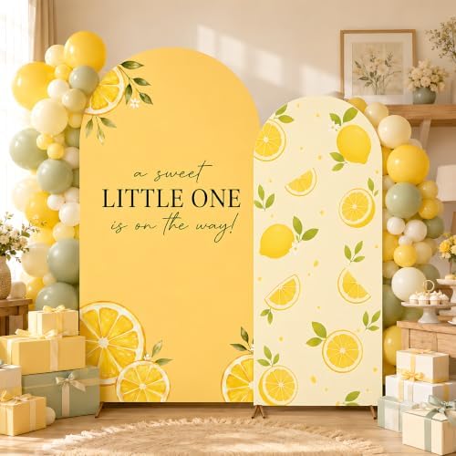 2PCS Lemon Baby Shower Decorations Arch Backdrop Cover 6ft 7.2ft Stretchy Spandex A Sweet Little One is on the Way Backdrop for Lemon Baby Shower Party Supplies Photo Props - Image 3