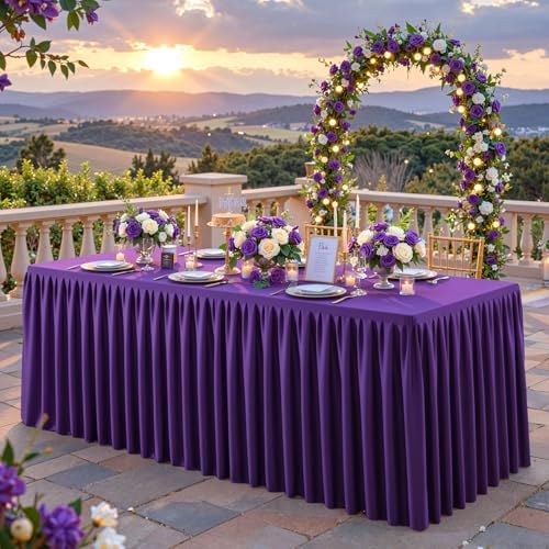 Purple Polyester Table Cloths for Rectangle 4 Foot Tables, 2 Pack Wrinkle Free Tablecloths Stretchy Banquet Ruffle Fitted Table Cover Desk Skirt for Parties Wedding Birthday Baby Shower - Image 2